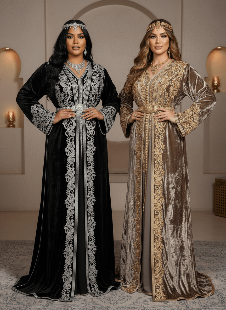 Takchita haute couture velours - Détail broderies marron or et noir argent