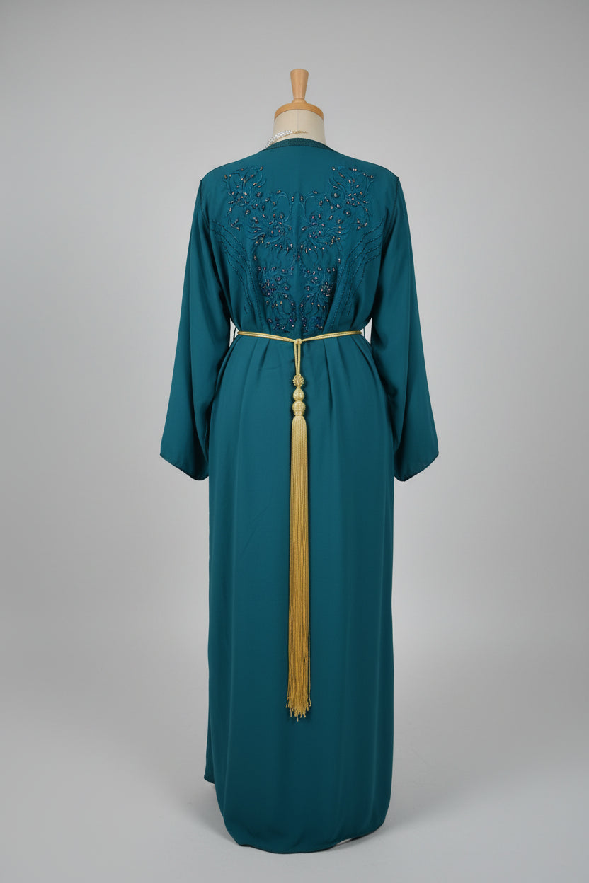 Caftan Bleu Canard Perlée Multicolore – Broderie Artisanale