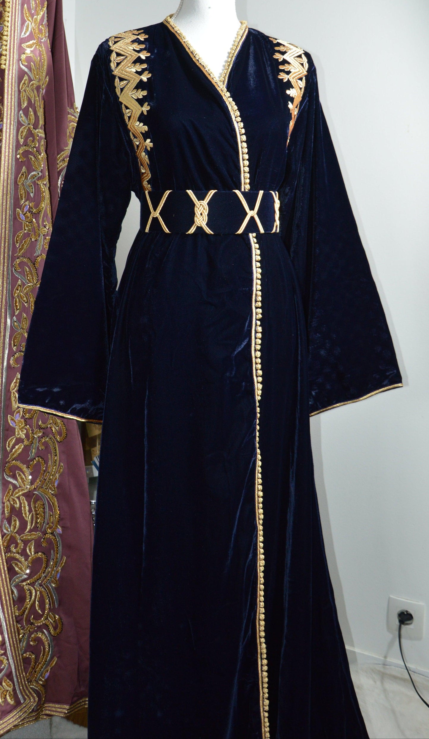 Robe caftan kimono bleu nuit marocain - vue complète