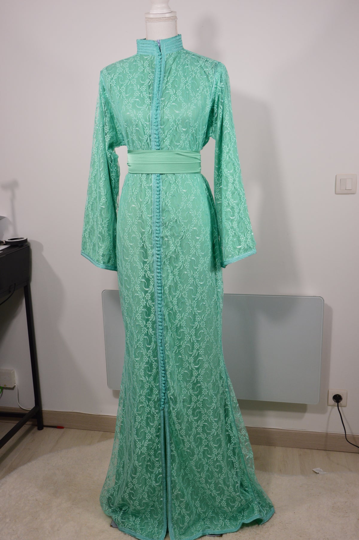 Caftan Sirène Dentelle Vert Menthe