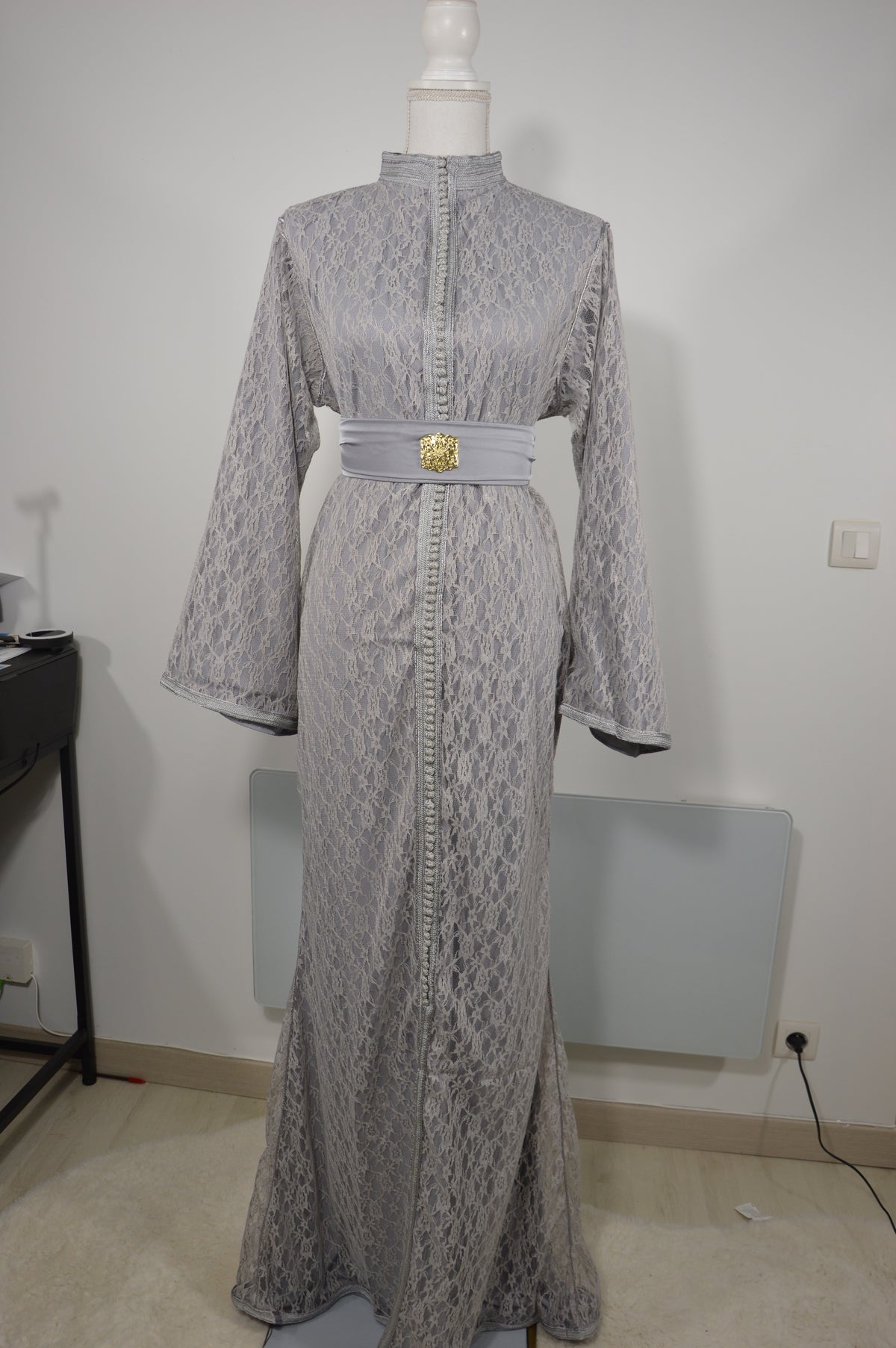 Caftan Sirène Dentelle Gris Argent