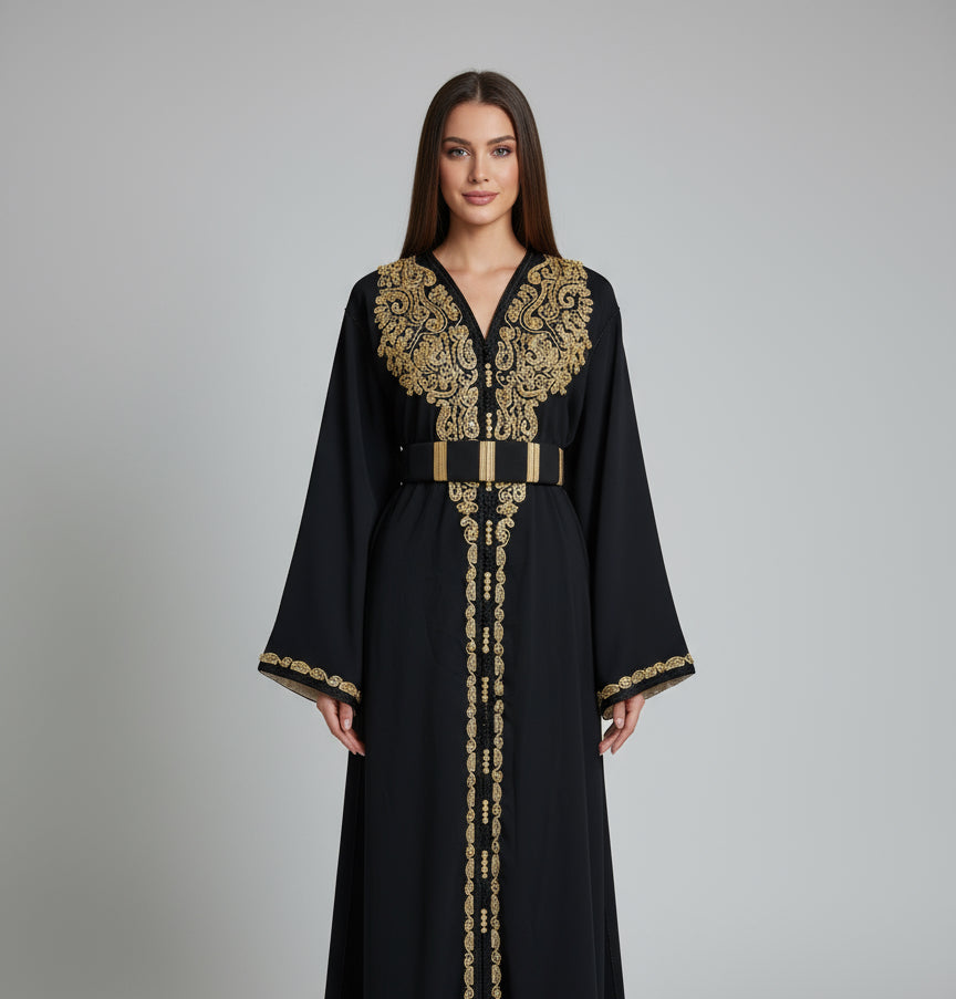 CAFTAN ROYAL NOIR & DORÉ – BRODERIES RAFFINÉES