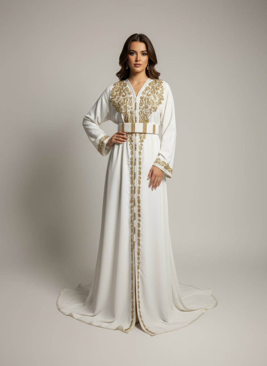 CAFTAN ROYAL BLANC & DORÉ – BRODERIES LUXUEUSES
