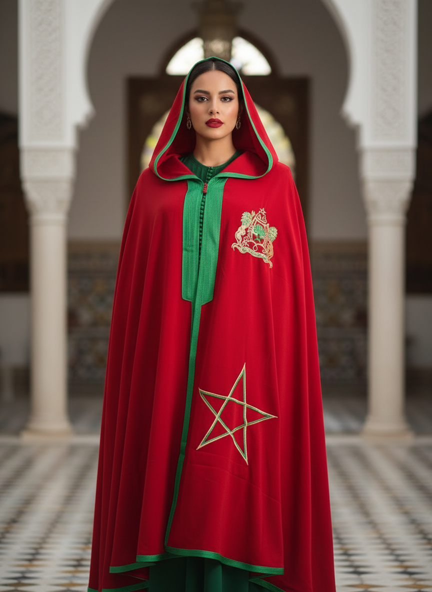 Cape royale Maroc rouge et verte brodée étoile - vue de face