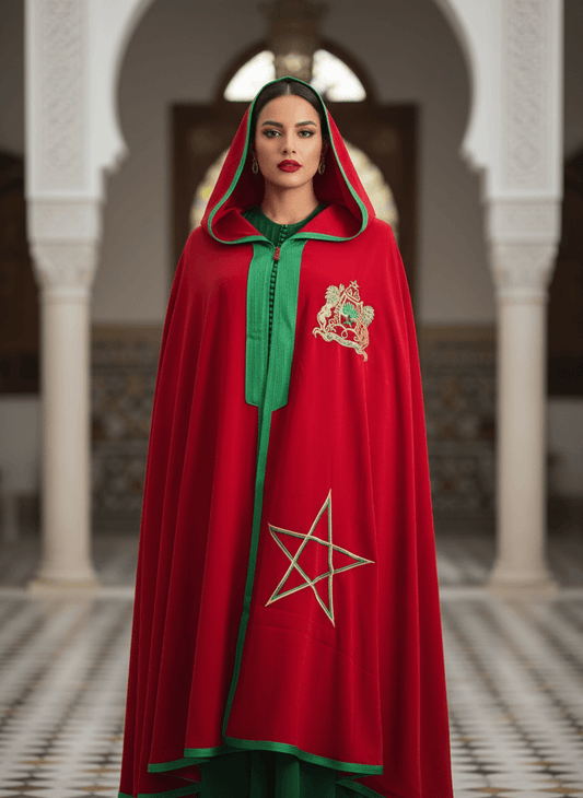 Cape royale Maroc rouge et verte brodée étoile - vue de face