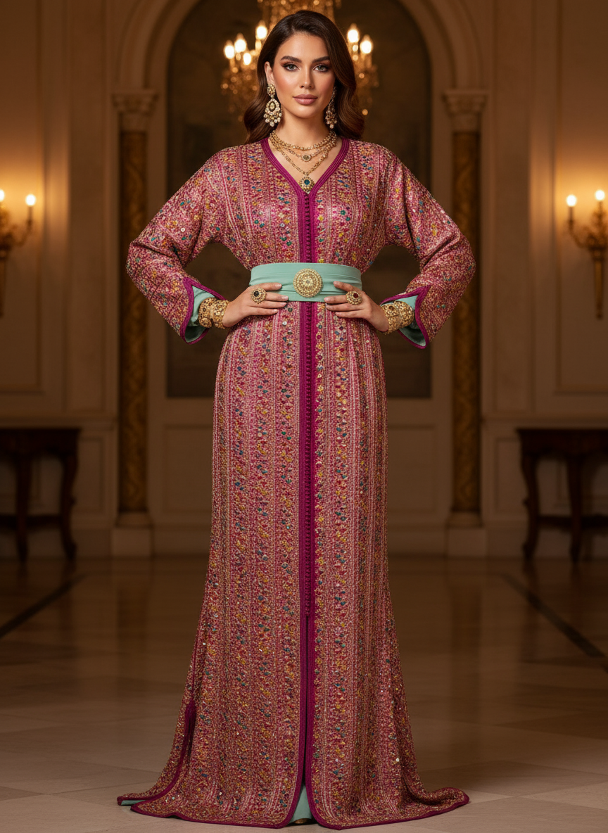 Caftan Prestige Rose & Vert Émeraude – Broderies Multicolores