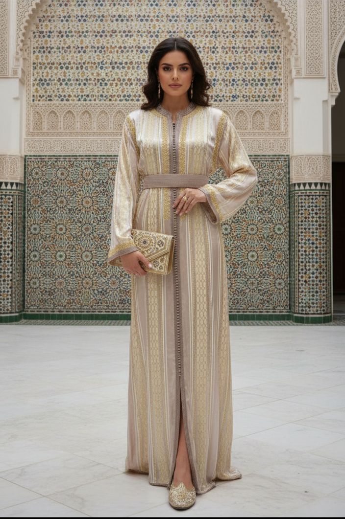 Caftan marocain beige moka satin brodé or - vue de face
