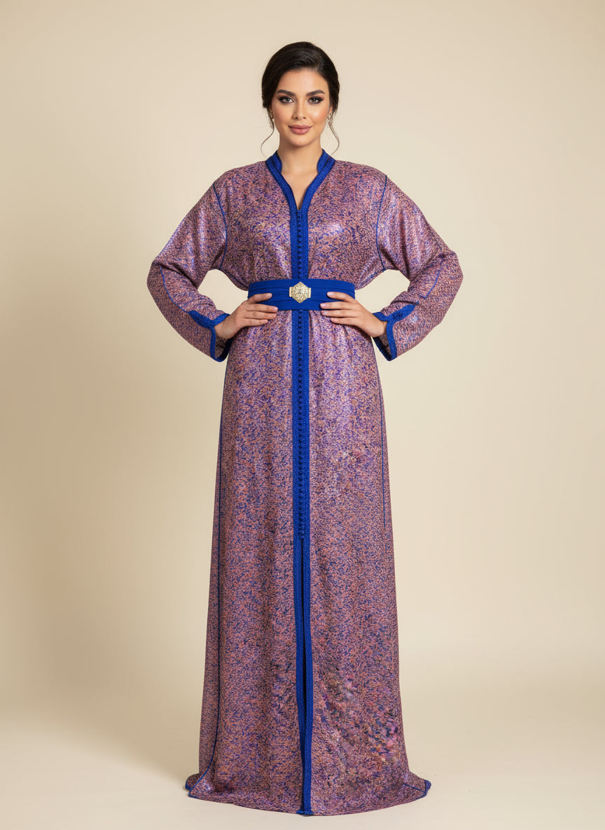 CAFTAN MODERNE EN TISSU MÉTALLISÉ CUIVRÉ & BLEU ROYAL