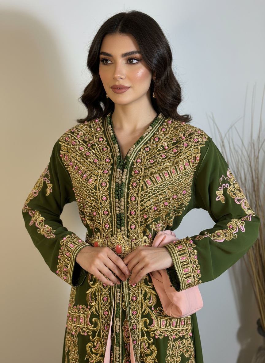 Caftan Impérial Vert Émeraude & Rose Poudré – Broderies Dorées