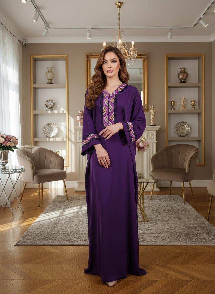 Gandoura farasha marocaine violet brodé luxe - vue principale
