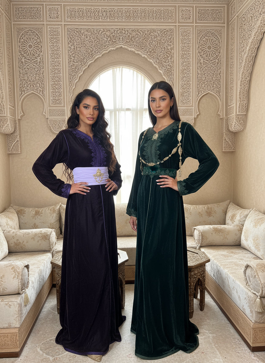 Caftan Marocain en Velours Violet – Broderies Tons Sur Tons