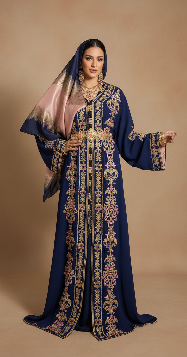 Caftan royal "Soraya" - Bleu Nuit Brodé à la main - Finitions Roses