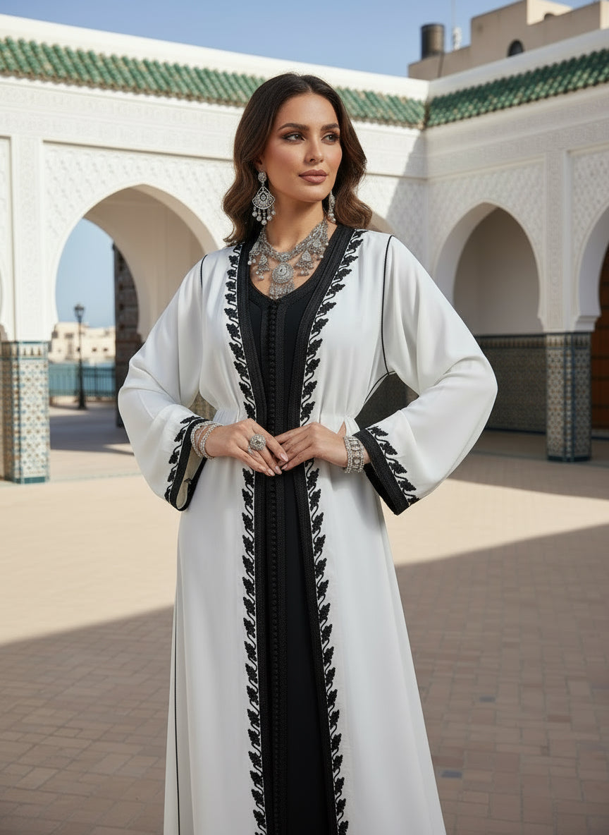 KIMONO “Maysa” – Noir & ivoire, sfifa noire, ceinture corde