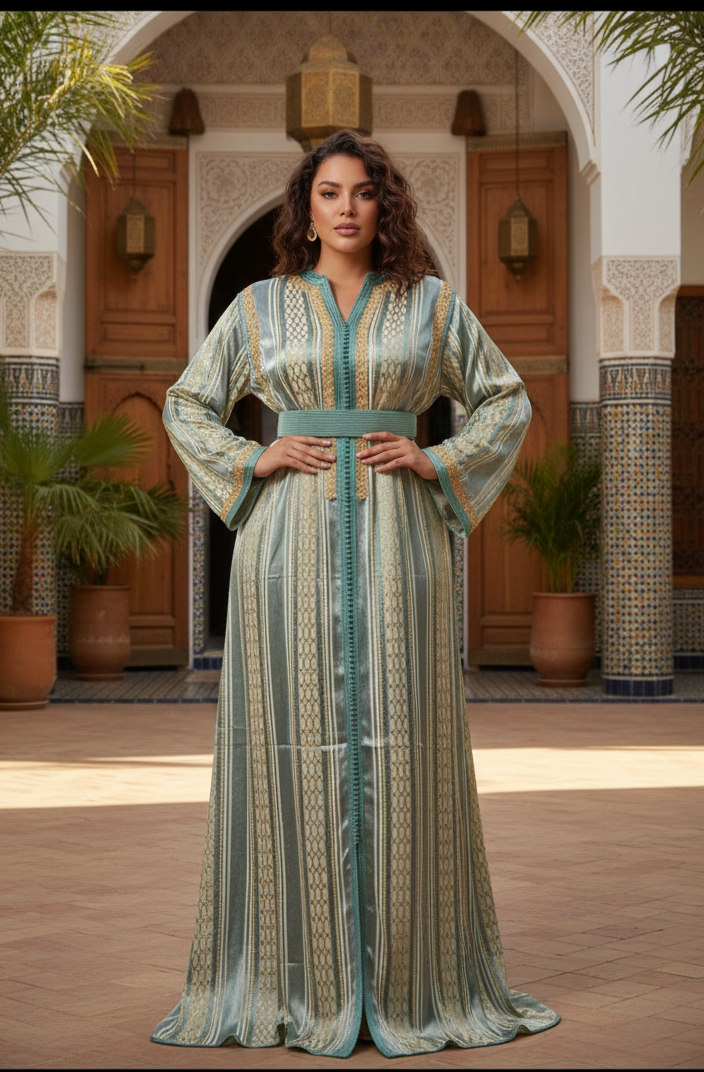 Caftan émeraude andalouse vert doré satin - vue de face