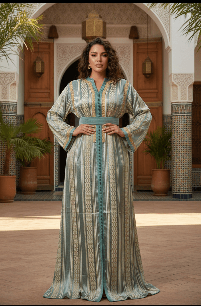 Caftan émeraude andalouse vert doré satin - vue de face