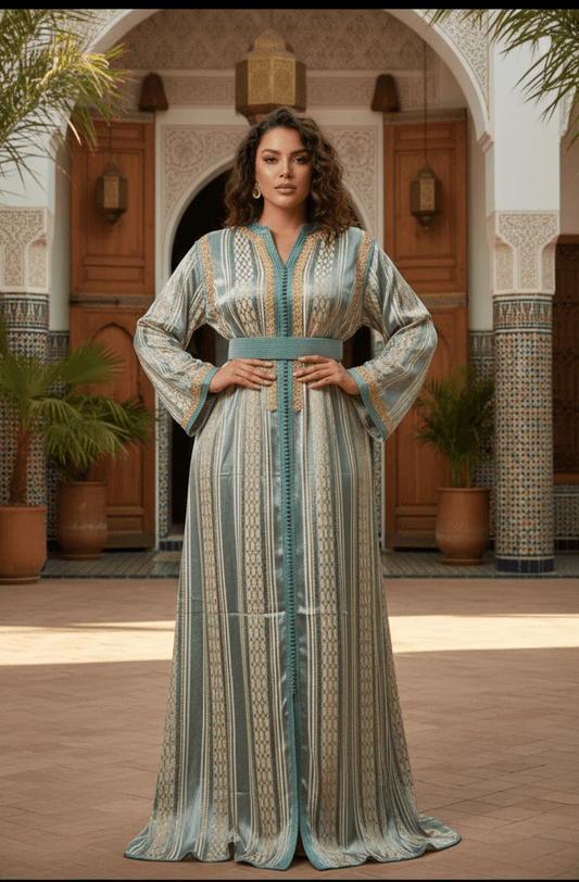 Caftan émeraude andalouse vert doré satin - vue de face