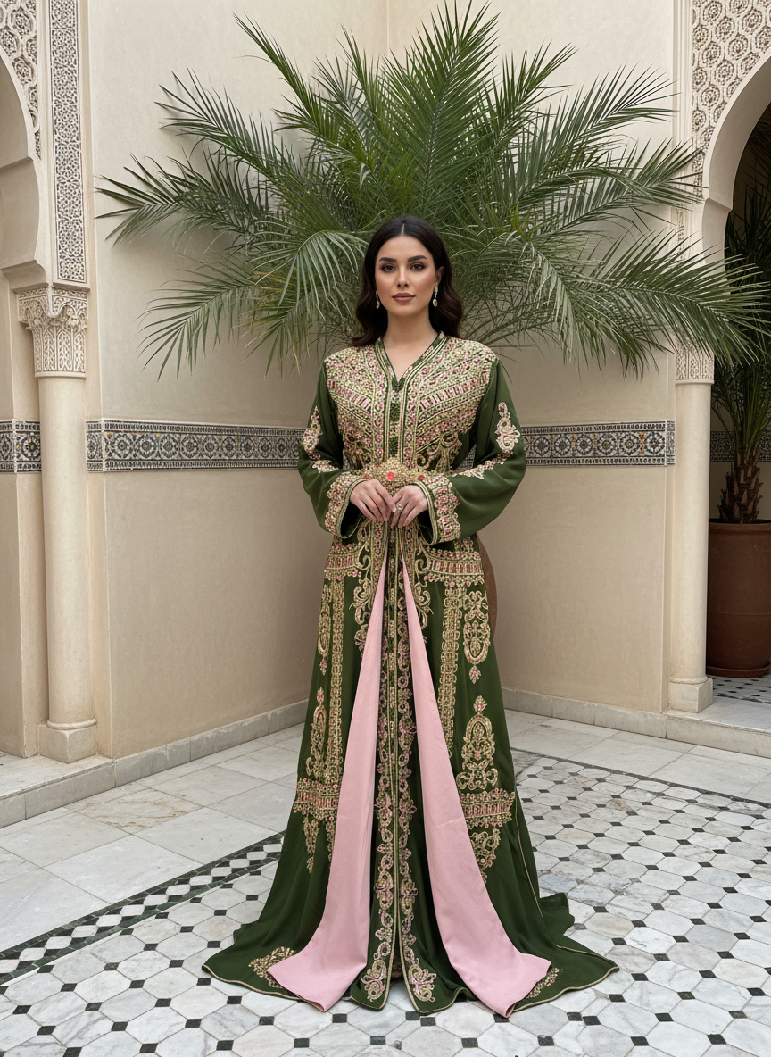 Caftan Impérial Vert Émeraude & Rose Poudré – Broderies Dorées