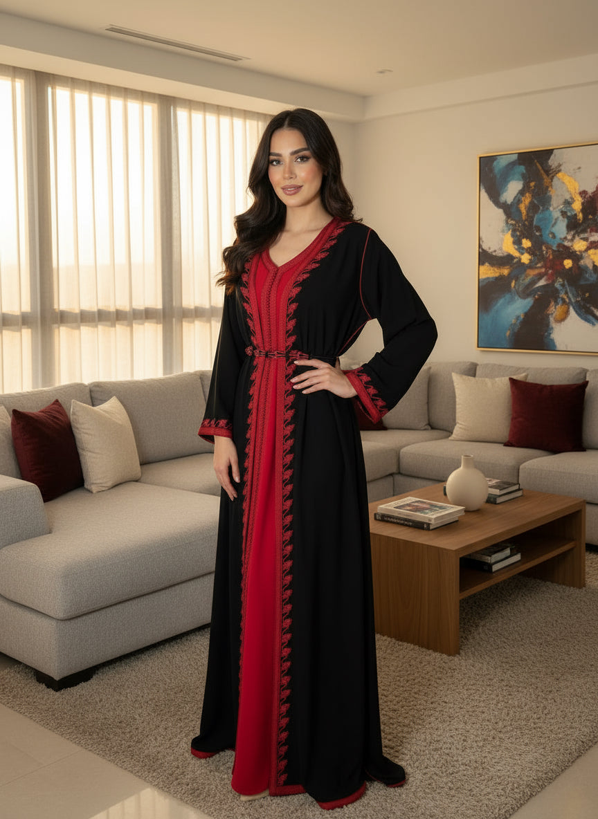 KIMONO “Maysa” – Rouge & noir, sfifa rouge, ceinture corde