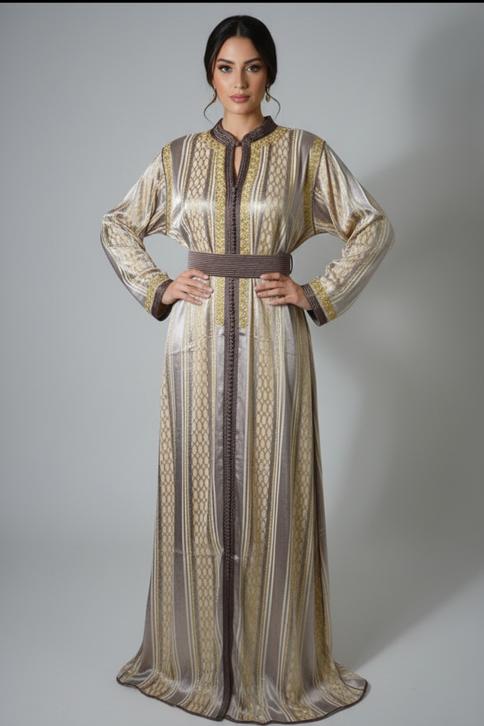 Caftan long marron brodé or satin - vue de face