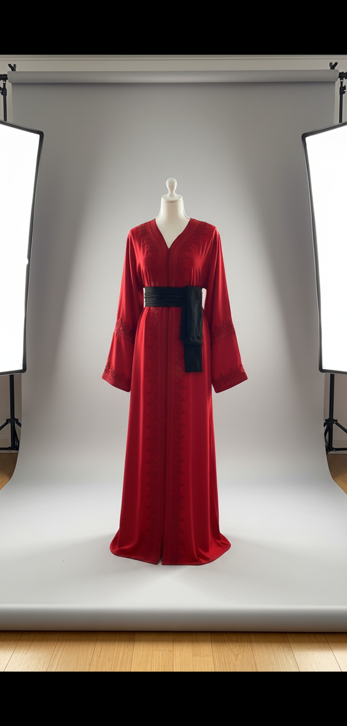 Caftan Rouge Élégance Royale – Broderies Raffinées et Ceinture Noire