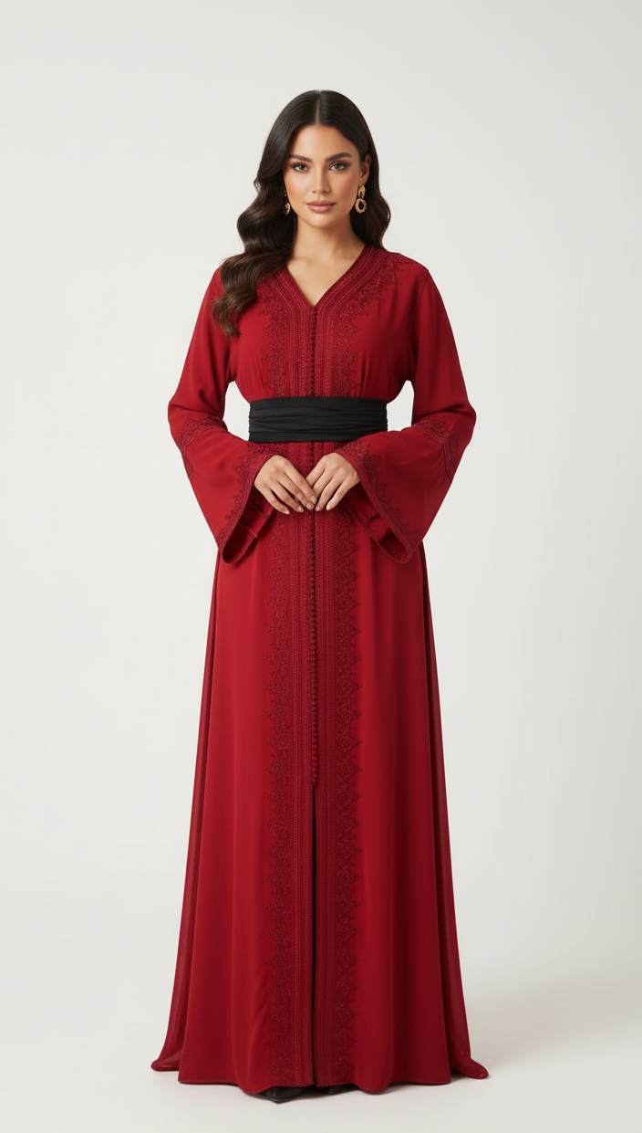 Caftan Rouge Élégance Royale – Broderies Raffinées et Ceinture Noire