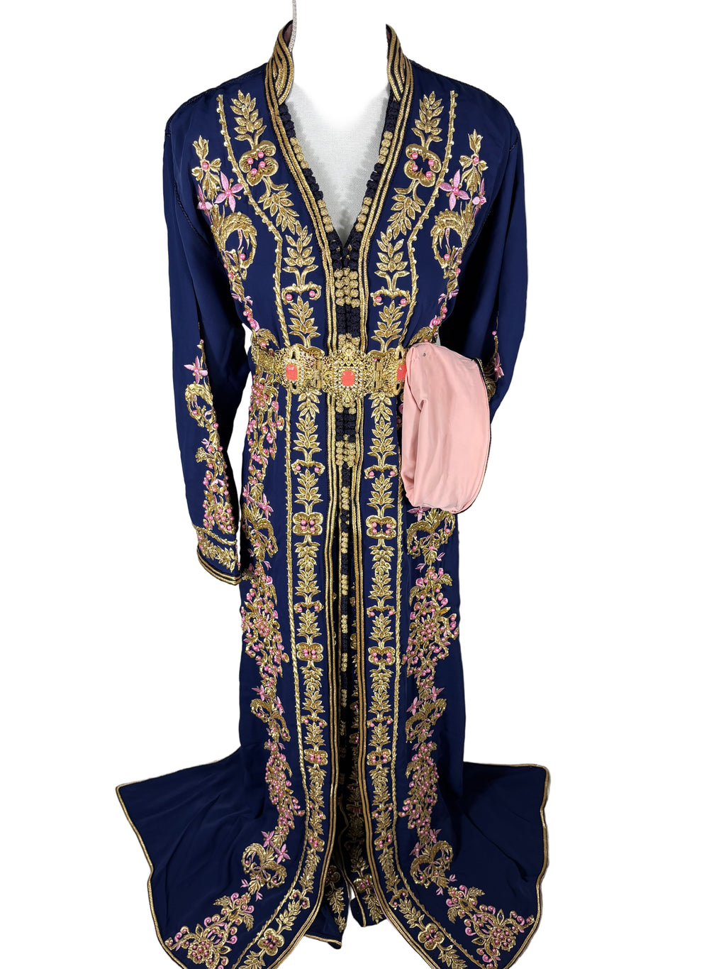 Caftan royal "Soraya" - Bleu Nuit Brodé à la main - Finitions Roses