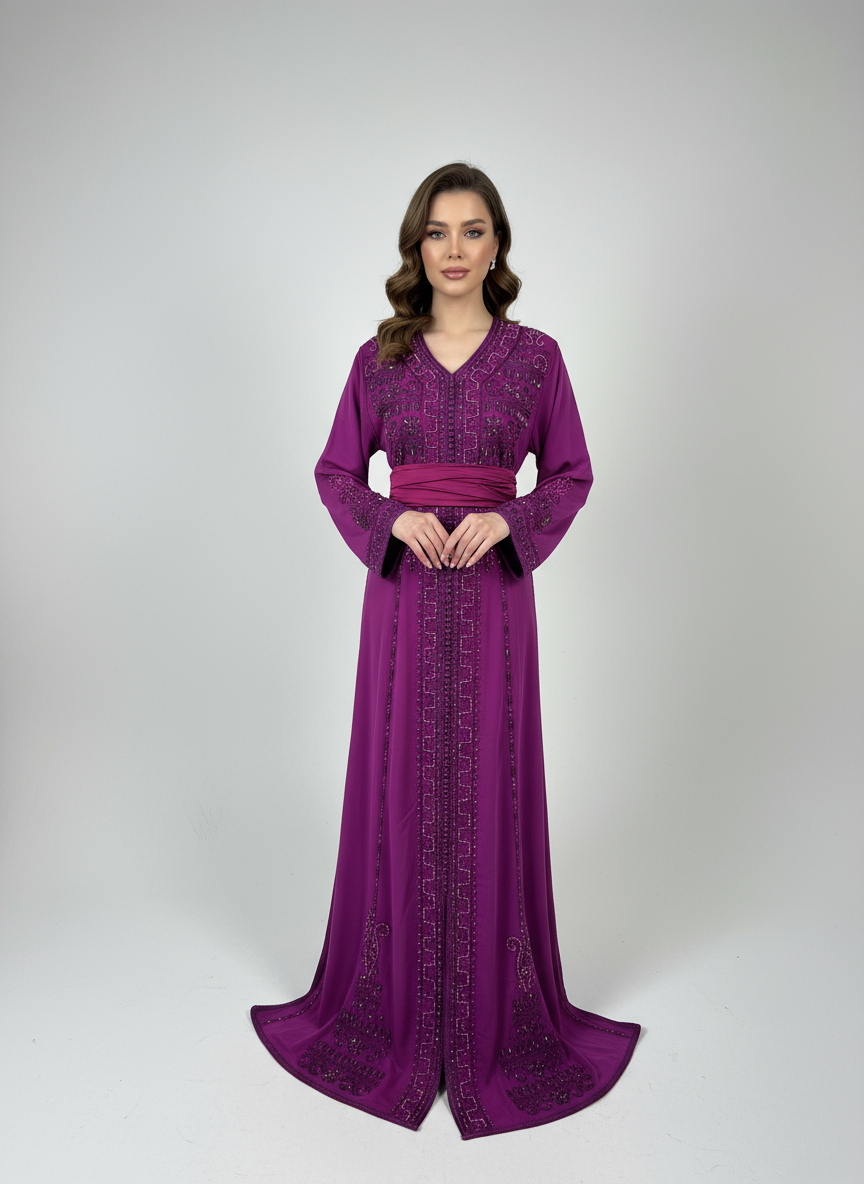Caftan Royal Violet – Broderies Précieuses & Ceinture Drapée