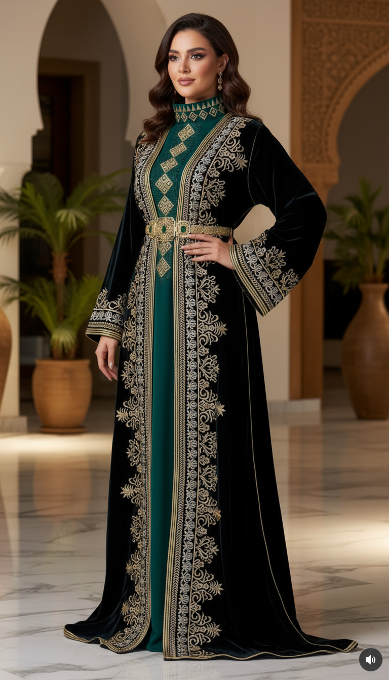 Takchita velours vert royal plastron vert – Broderies or & ivoire