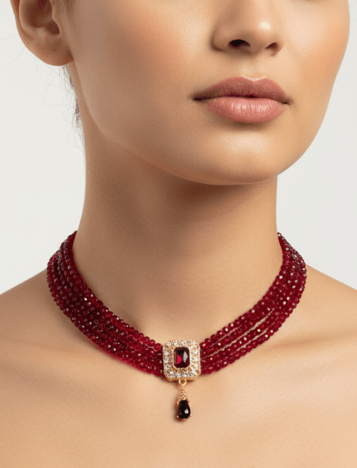 Collier oriental rouge rubis – cabochon central et goutte pendante - Zeynaya Prestige