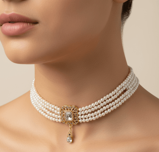 Collier oriental blanc nacré – pierre centrale strass - Zeynaya Prestige