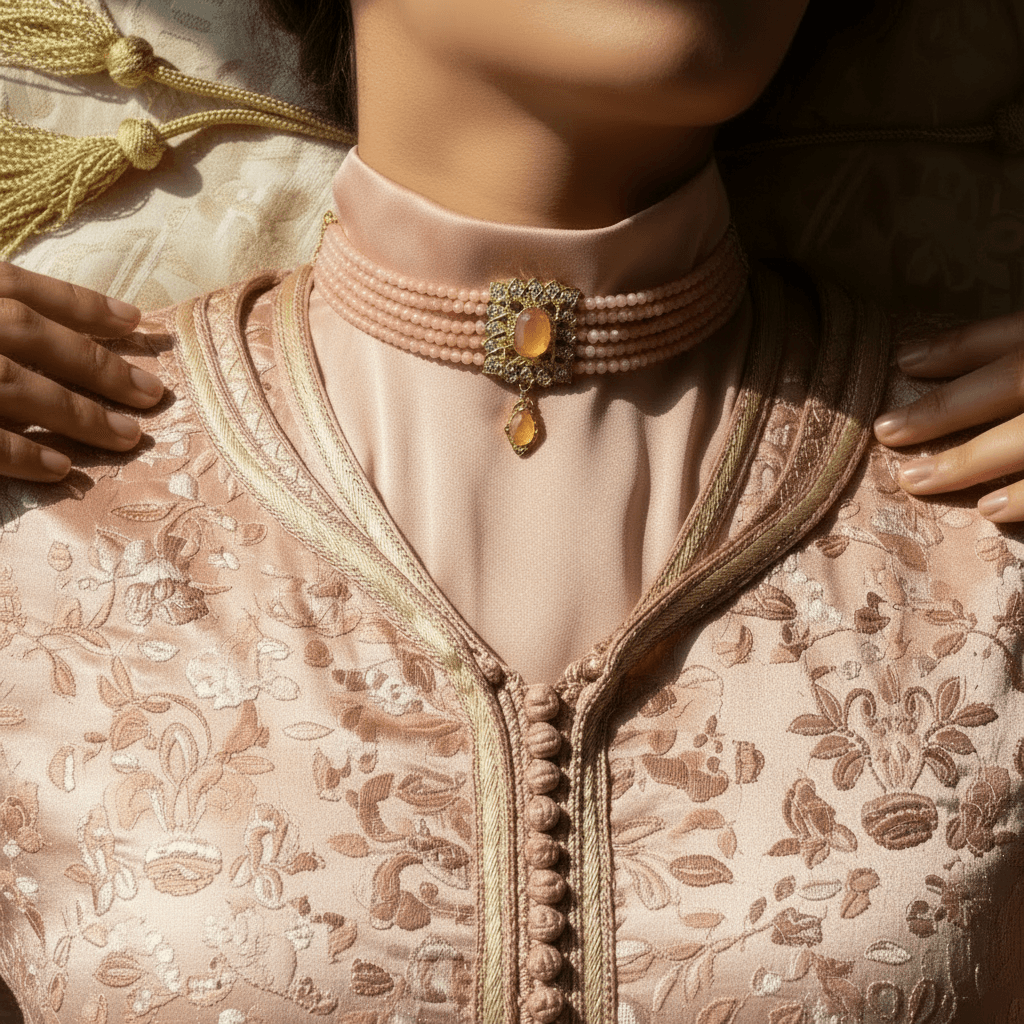 Collier oriental blanc nacré – rangées de strass verts - Zeynaya Prestige