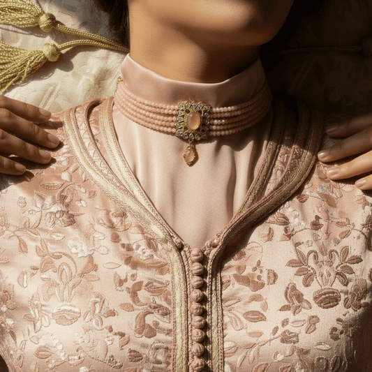 Collier oriental blanc nacré – rangées de strass verts - Zeynaya Prestige