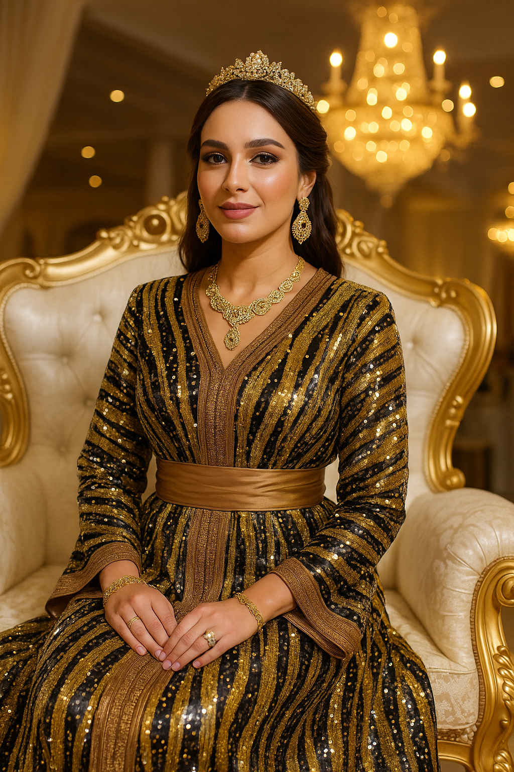 Takchita velours caramel sequins or argent - vue de face