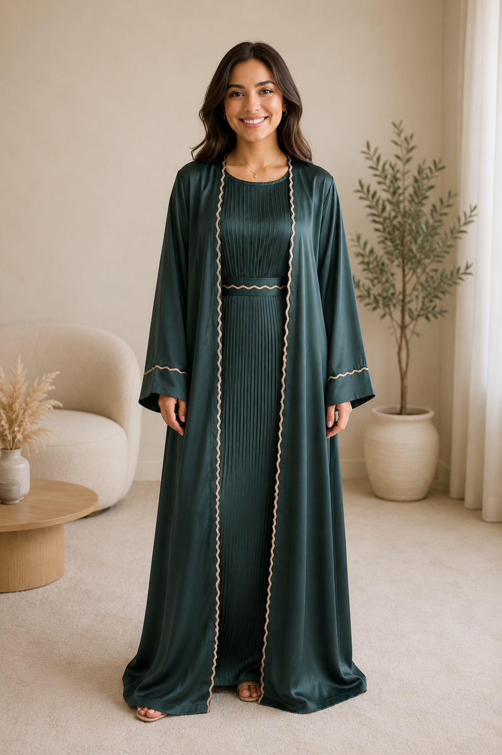 Abaya Kimono 4 Pièces satiné vert emeraude