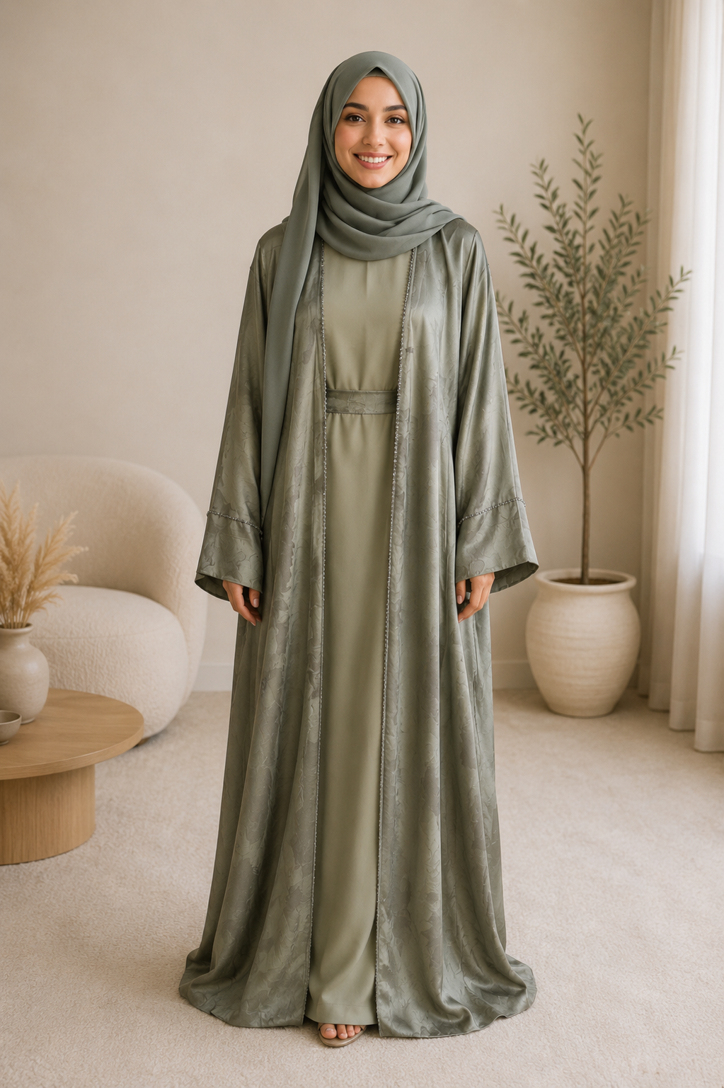 Abaya Kimono 4 Pièces Strass Vert Plante