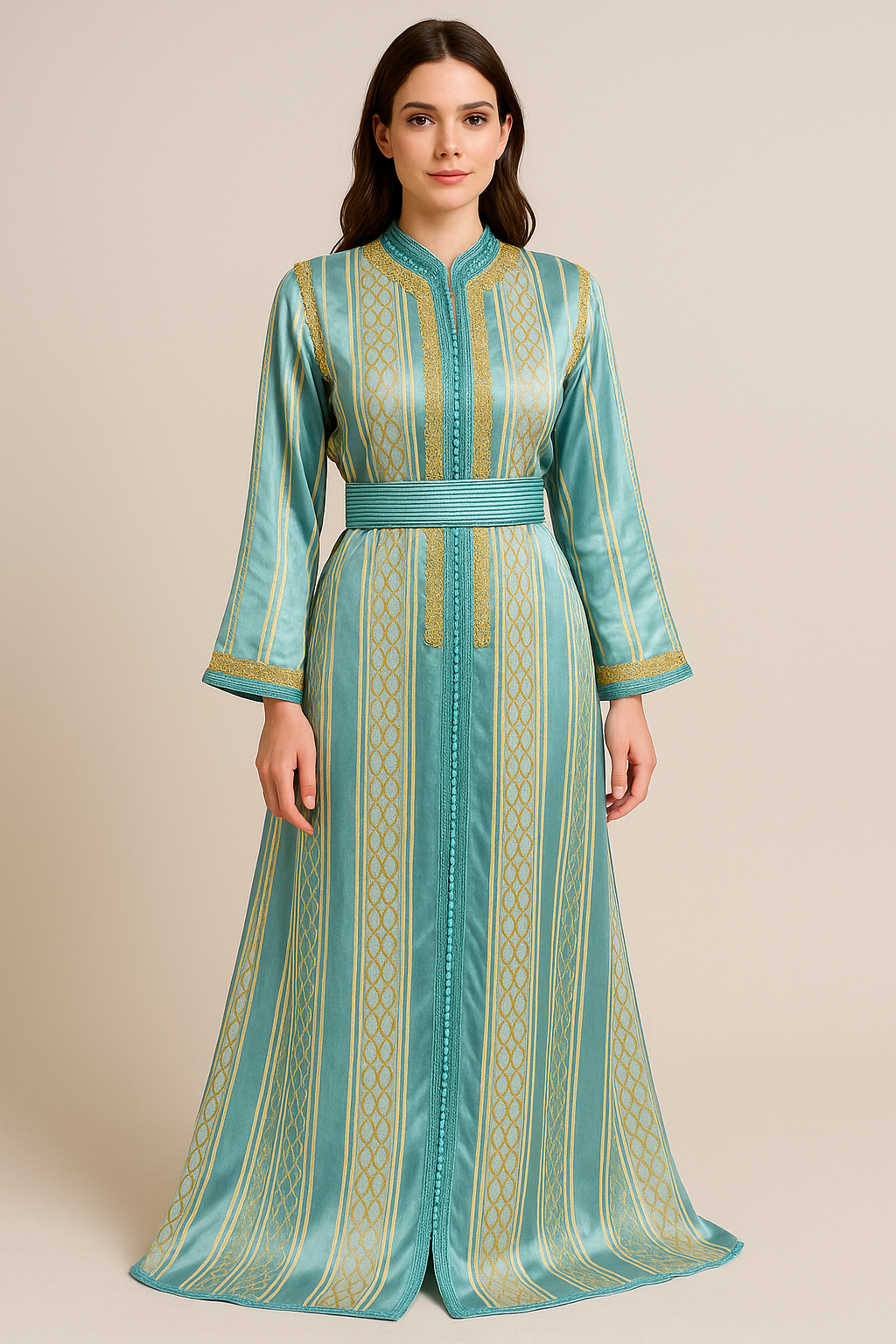 Caftan marocain bleu turquoise satin brodé or - vue de face