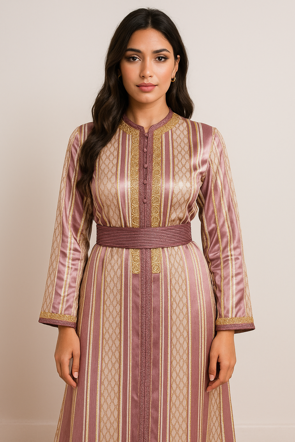 Caftan marocain rose prune satin brodé or - vue de face