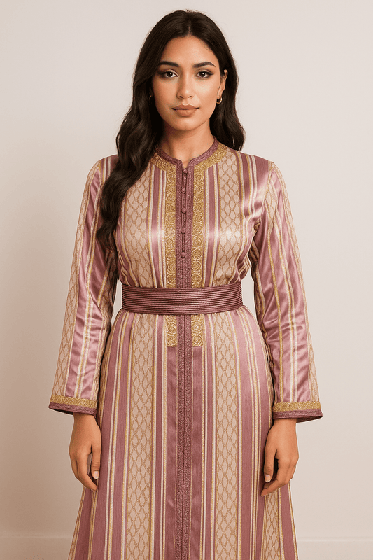 Caftan marocain rose prune satin brodé or - vue de face