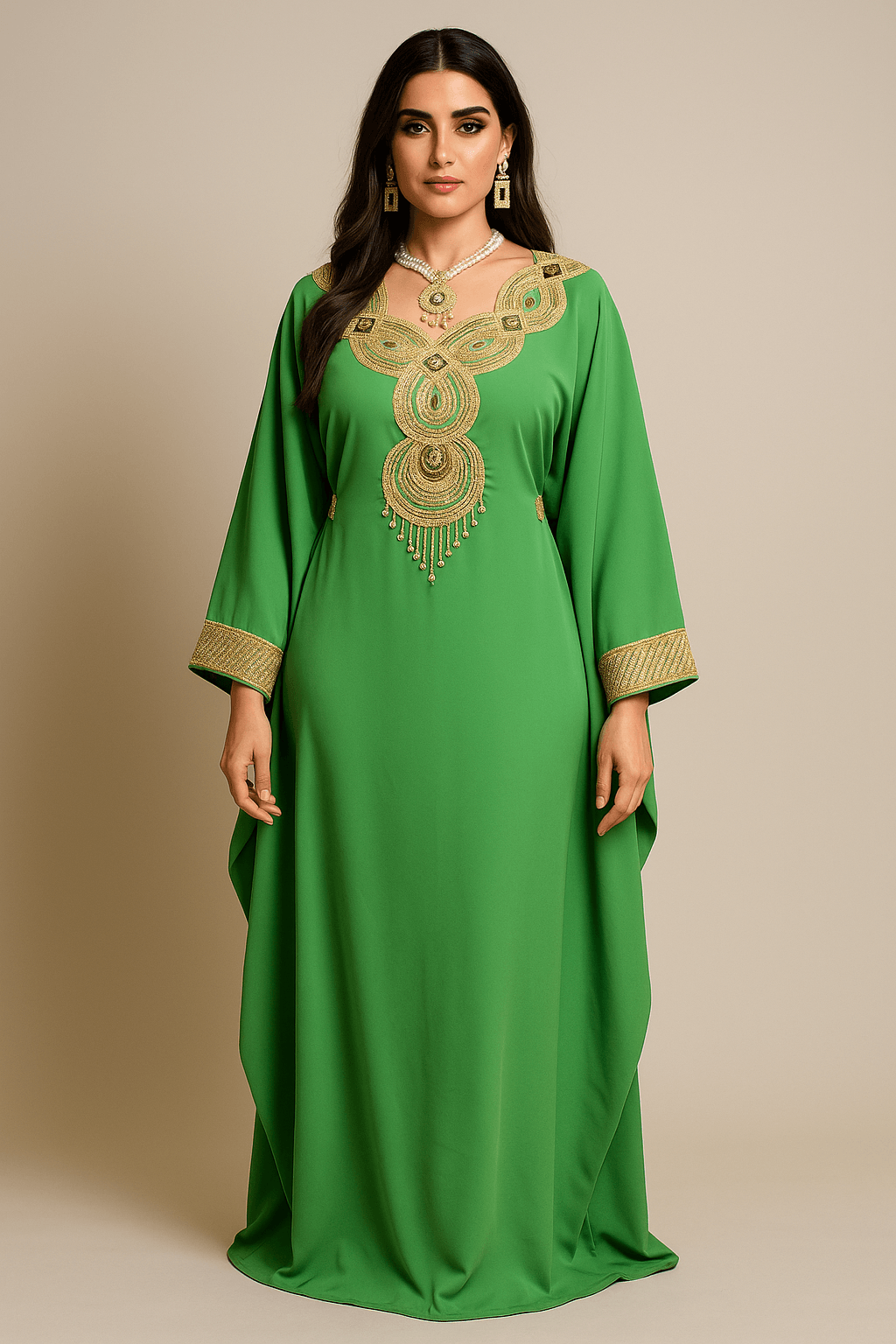 Gandoura farasha verte avec broderie or marocaine - vue de face