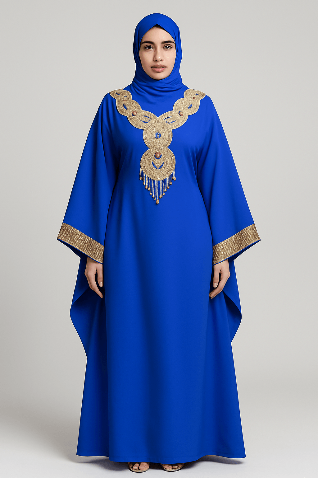 Gandoura farasha bleu royal avec broderies or et strass luxe - vue de face