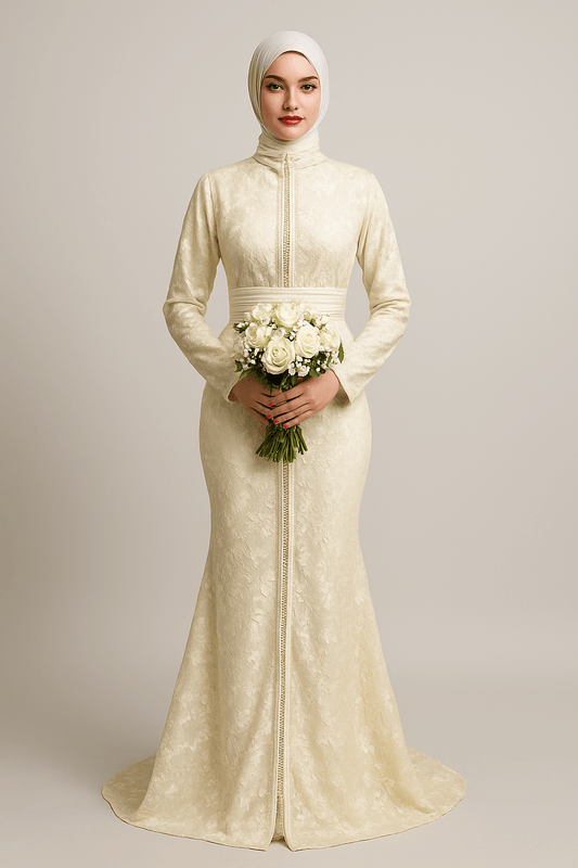 Caftan sirène dentelle ivoire avec ceinture satin - vue de face