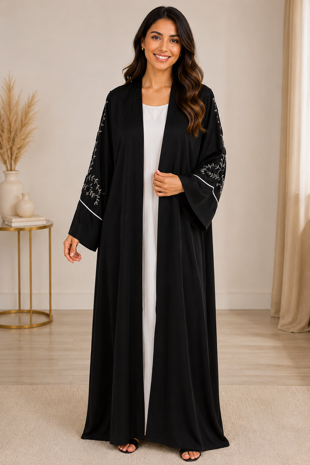 Abaya Kimono Perlé Noir 4 Pièces – Collection Dubaï