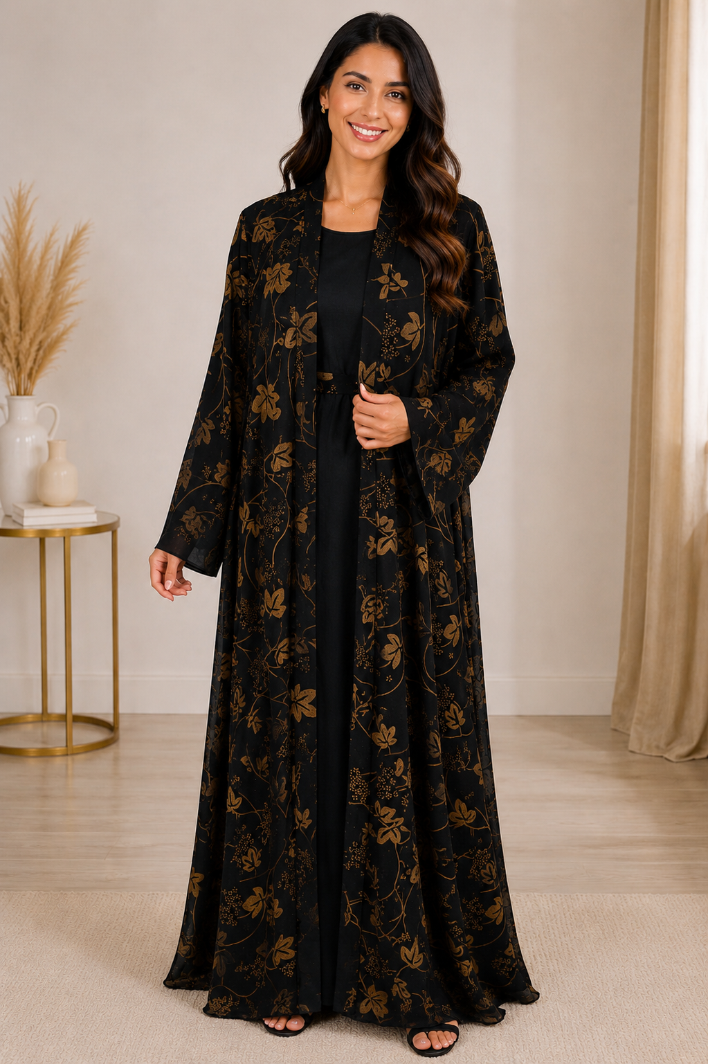Abaya Kimono Perle Strass Fleur Marron & Noir