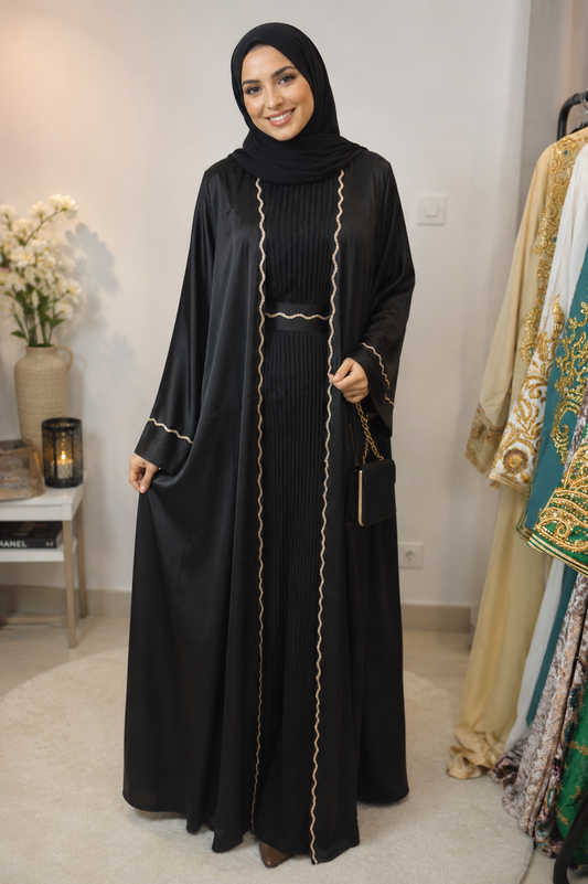 Abaya Kimono Plissée Noir & Or
