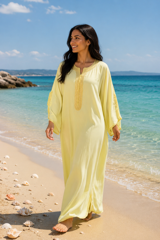 Gandoura Eclat Crêpe Jaune Pâle - ZEYNAYA PRESTIGE