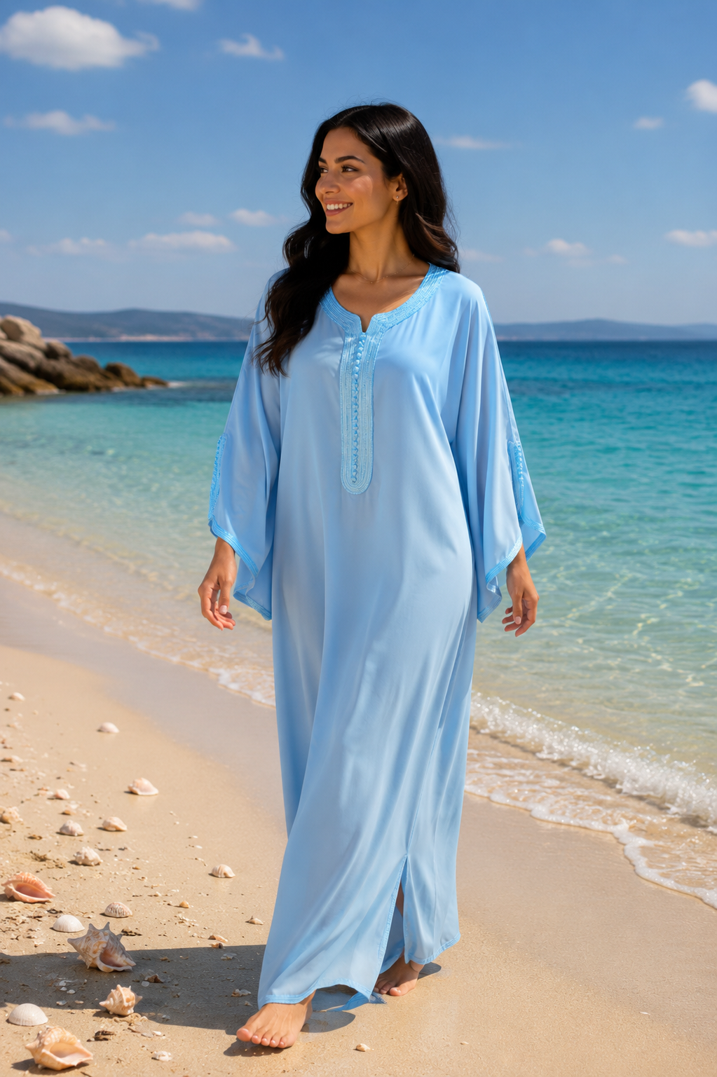 Gandoura Eclat Crêpe Bleu Ciel - ZEYNAYA PRESTIGE