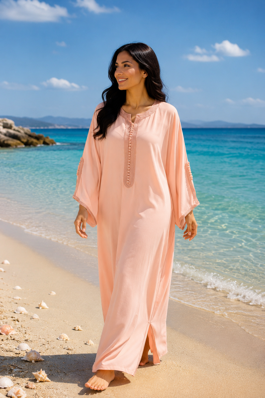 Gandoura Eclat Crêpe Rose Pêche - Zeynaya Prestige