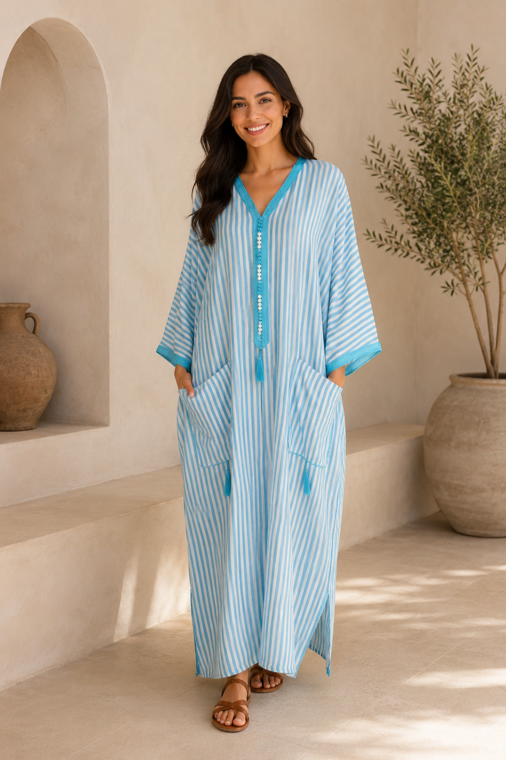 Gandoura Rayée Turquoise avec Franges - zeynaya prestige