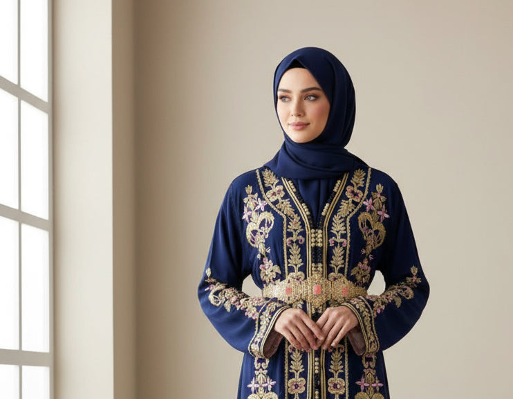 Caftan royal "Soraya" - Bleu Nuit Brodé à la main - Finitions Roses