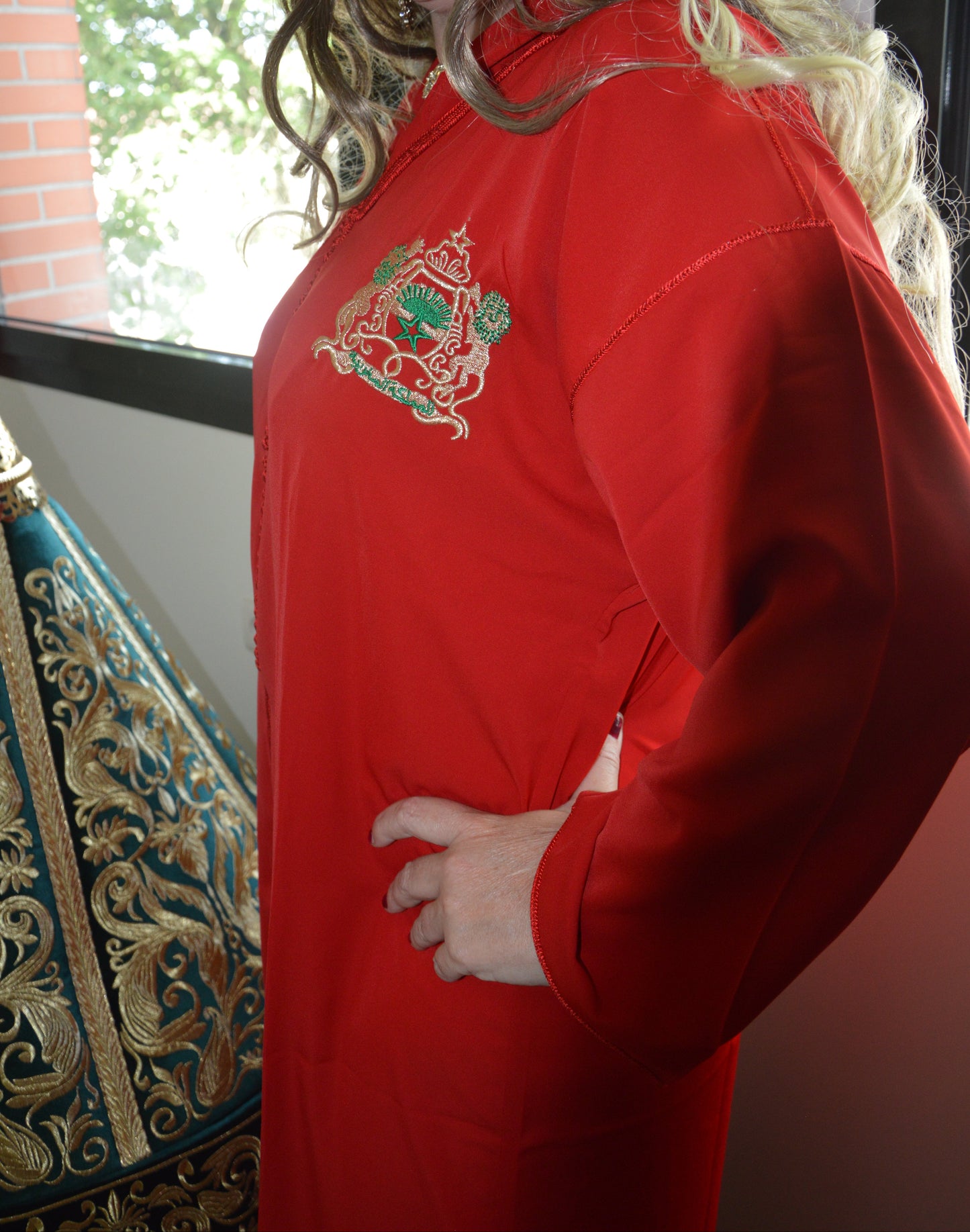 Djellaba Marocaine Traditionnelle Rouge sfifa vert